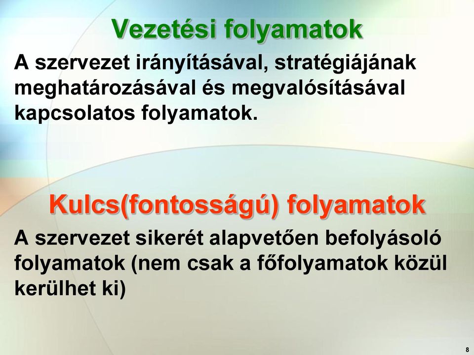 Kulcs(fontosságú) folyamatok A szervezet sikerét alapvetően