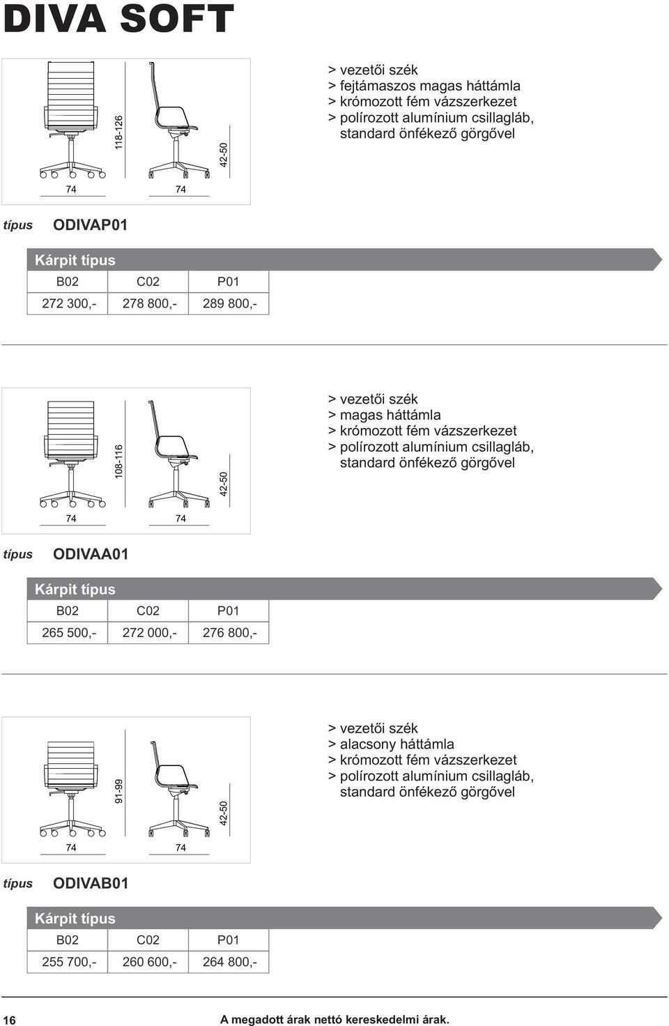 > standard önfékezõ görgõvel 74 74 ODIVAA01 Kárpit B02 C02 P01 265 500,- 272 000,- 276 800,- 91-99 42-50 > vezetõi szék > alacsony háttámla > krómozott fém vázszerkezet