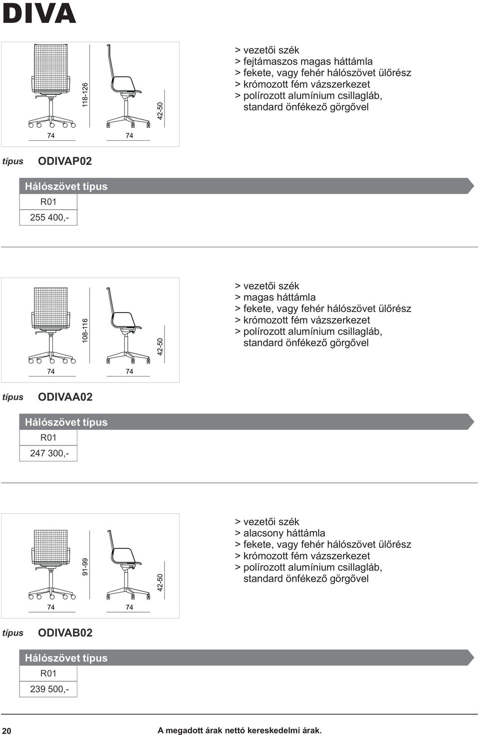 polírozott alumínium csillagláb, > standard önfékezõ görgõvel 74 74 ODIVAA02 Hálószövet R01 247 300,- 91-99 42-50 > vezetõi szék > alacsony háttámla > fekete, vagy fehér