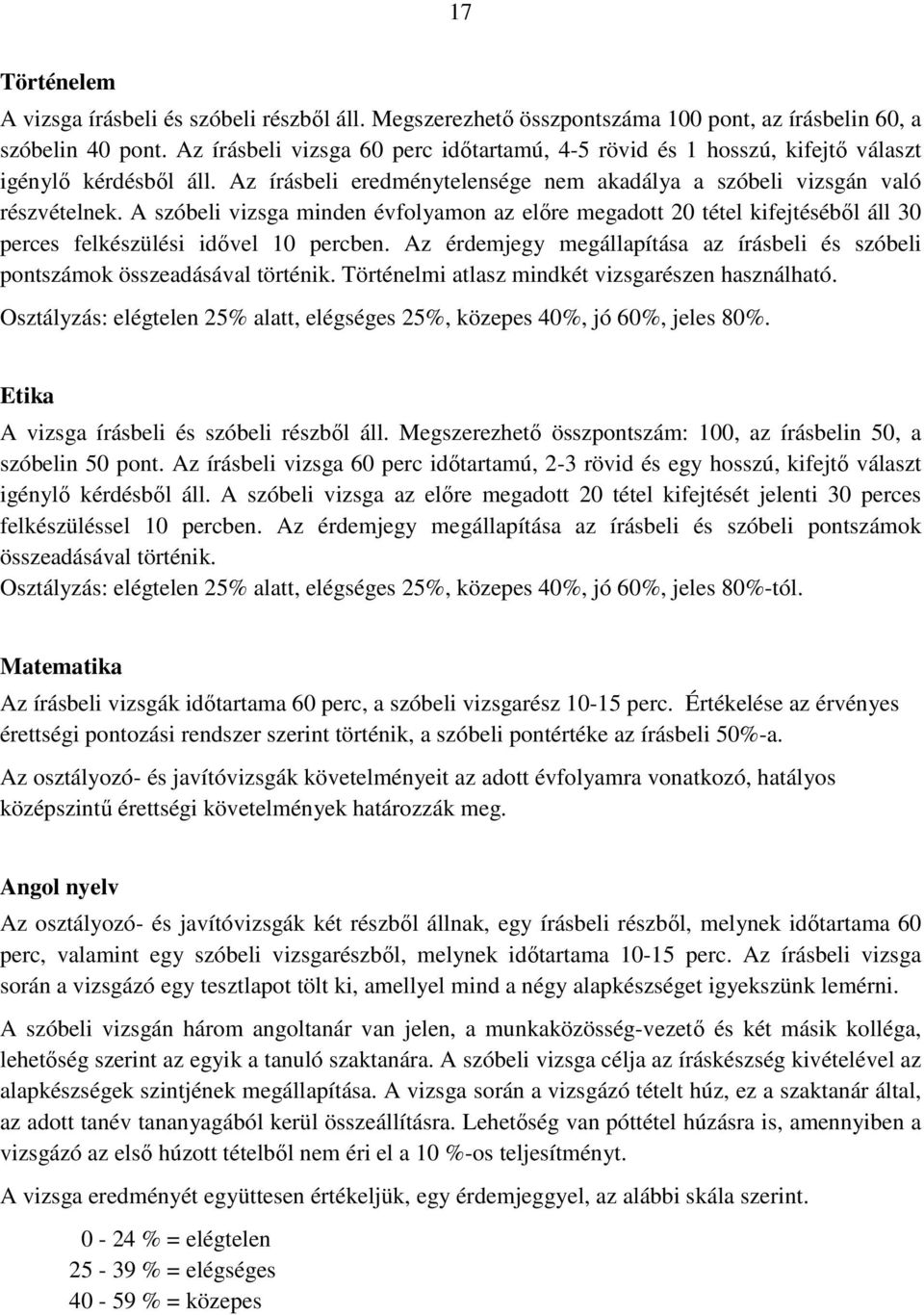 A szóbeli vizsga minden évfolyamon az elıre megadott 20 tétel kifejtésébıl áll 30 perces felkészülési idıvel 10 percben.