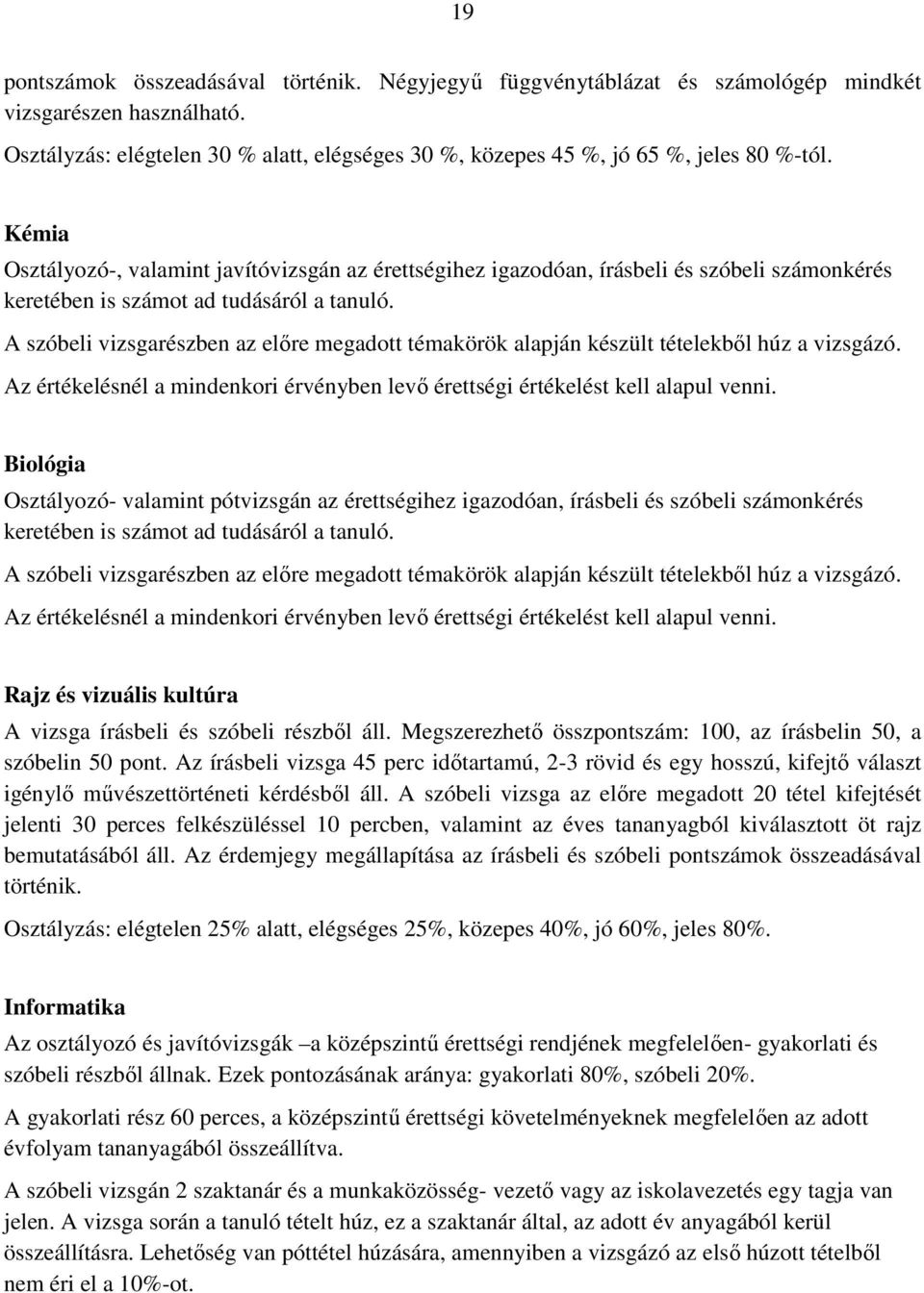 Kémia Osztályozó-, valamint javítóvizsgán az érettségihez igazodóan, írásbeli és szóbeli számonkérés keretében is számot ad tudásáról a tanuló.