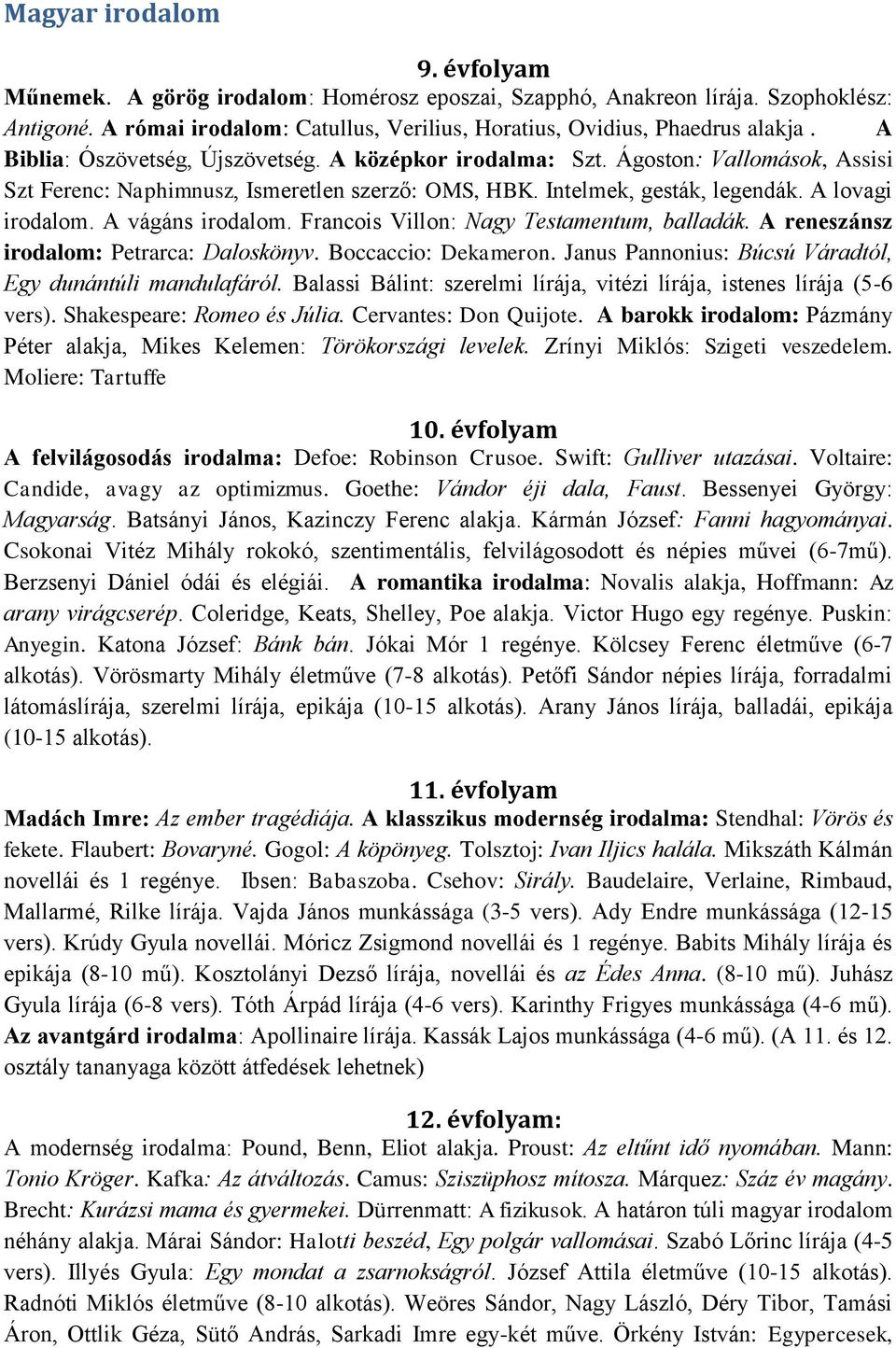 A vágáns irodalom. Francois Villon: Nagy Testamentum, balladák. A reneszánsz irodalom: Petrarca: Daloskönyv. Boccaccio: Dekameron. Janus Pannonius: Búcsú Váradtól, Egy dunántúli mandulafáról.