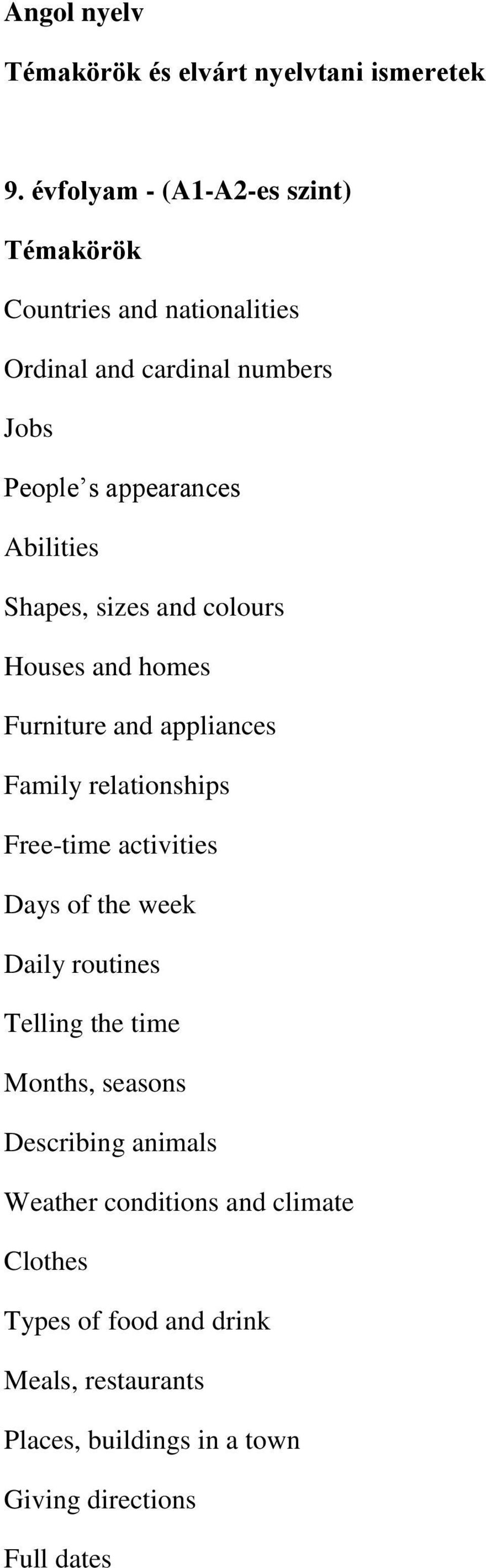 Abilities Shapes, sizes and colours Houses and homes Furniture and appliances Family relationships Free-time activities Days of