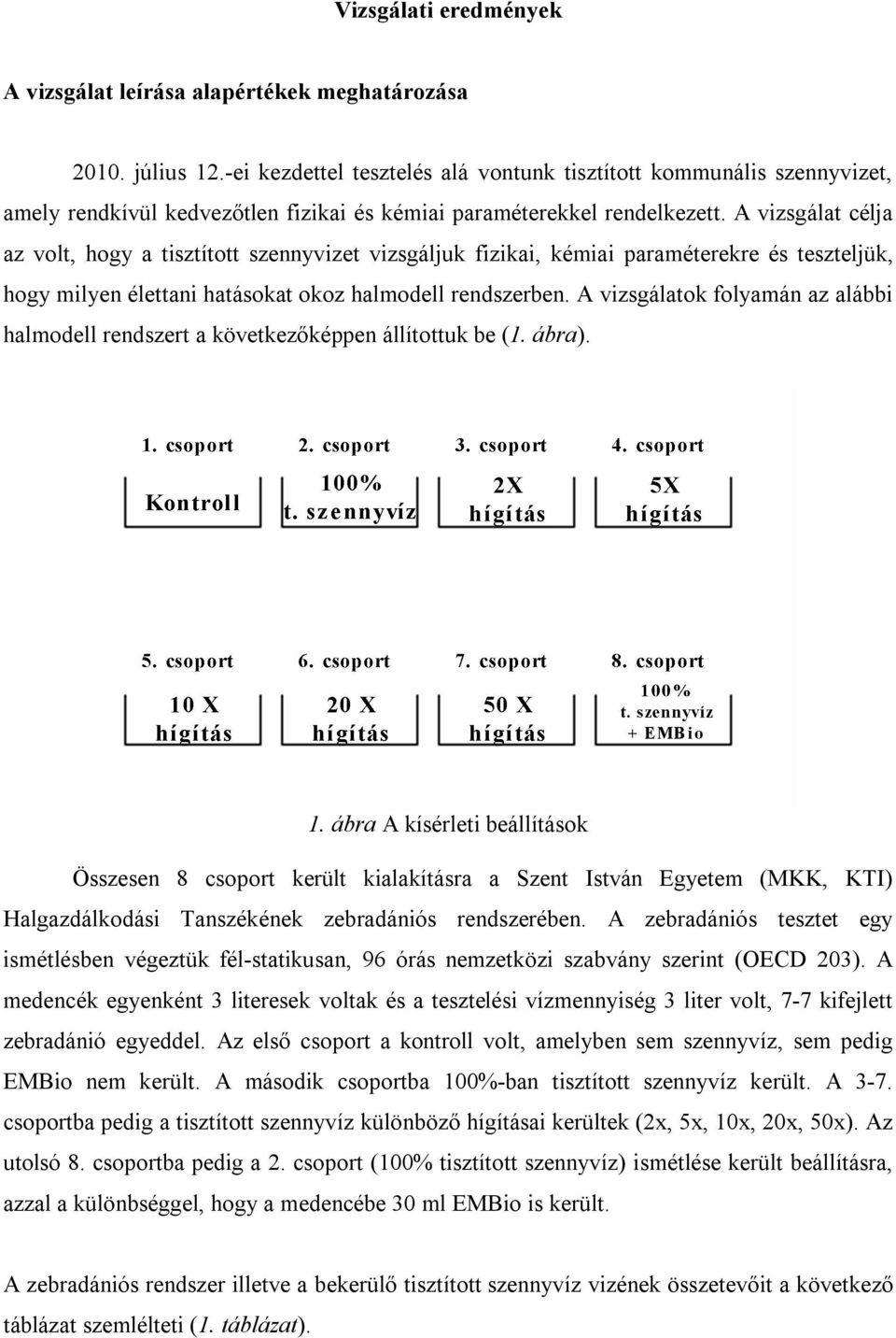 A vizsgálat célja az volt, hogy a tisztított szennyvizet vizsgáljuk fizikai, kémiai paraméterekre és teszteljük, hogy milyen élettani hatásokat okoz halmodell rendszerben.