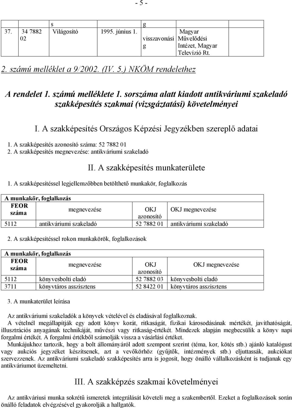 A szakképesítés azonosító száma: 52 7882 01 2. A szakképesítés megnevezése: antikváriumi szakeladó II. A szakképesítés munkaterülete 1.