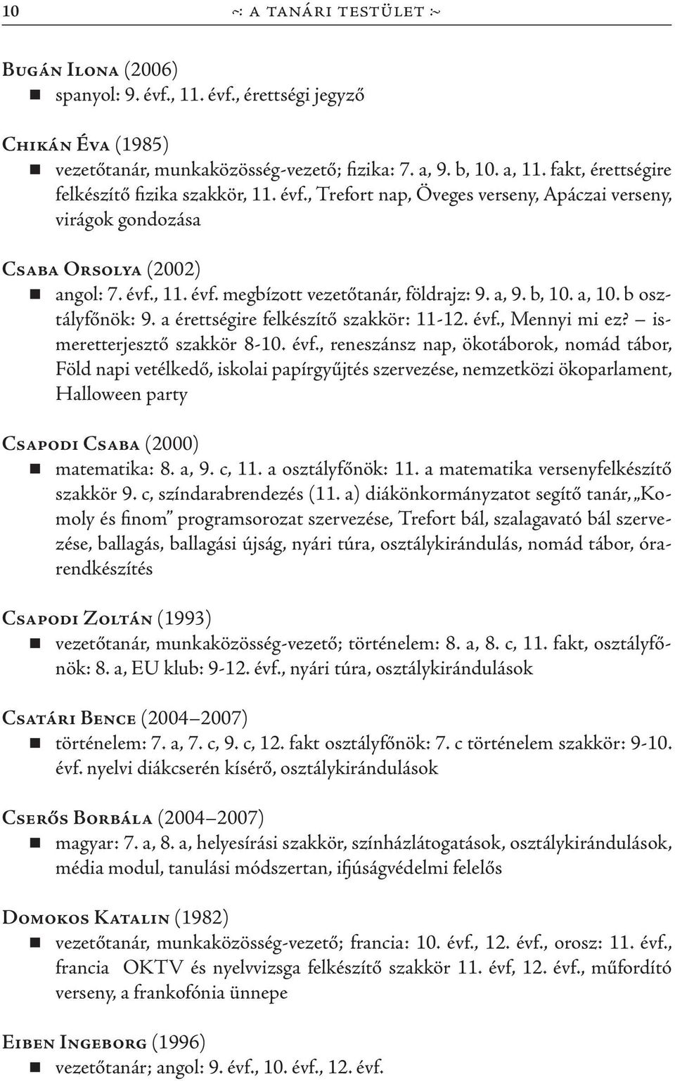 a, 9. b, 10. a, 10. b osztályfőnök: 9. a érettségire felkészítő szakkör: 11-12. évf.