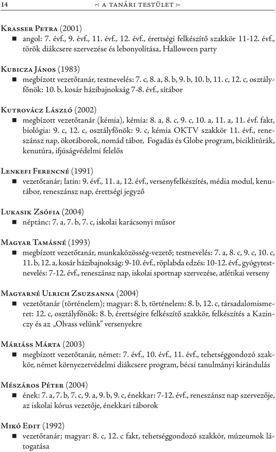 c, 12. c, osztályfőnök: 9. c, kémia OKTV szakkör 11. évf.