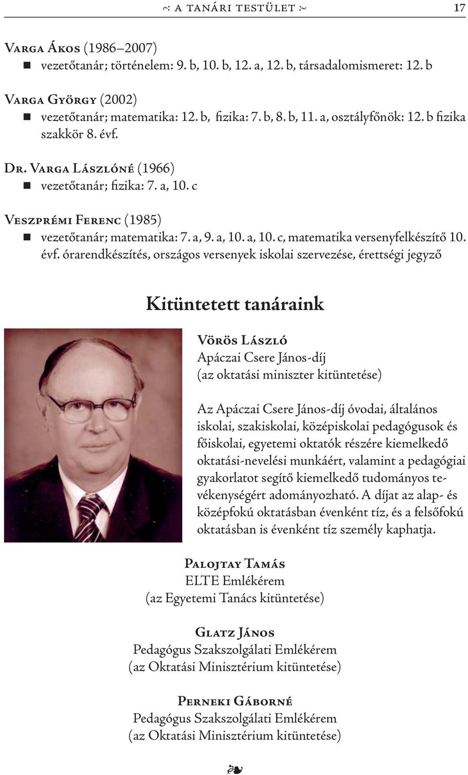 évf. órarendkészítés, országos versenyek iskolai szervezése, érettségi jegyző Kitüntetett tanáraink Vörös László Apáczai Csere János-díj (az oktatási miniszter kitüntetése) Az Apáczai Csere János-díj