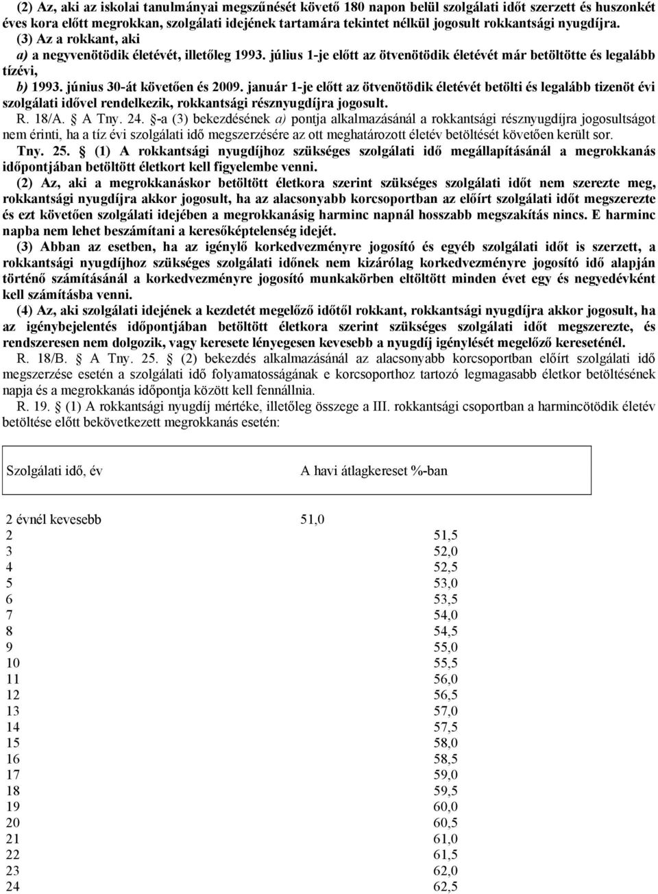 június 30-át követően és 2009. január 1-je előtt az ötvenötödik életévét betölti és legalább tizenöt évi szolgálati idővel rendelkezik, rokkantsági résznyugdíjra jogosult. R. 18/A. A Tny. 24.