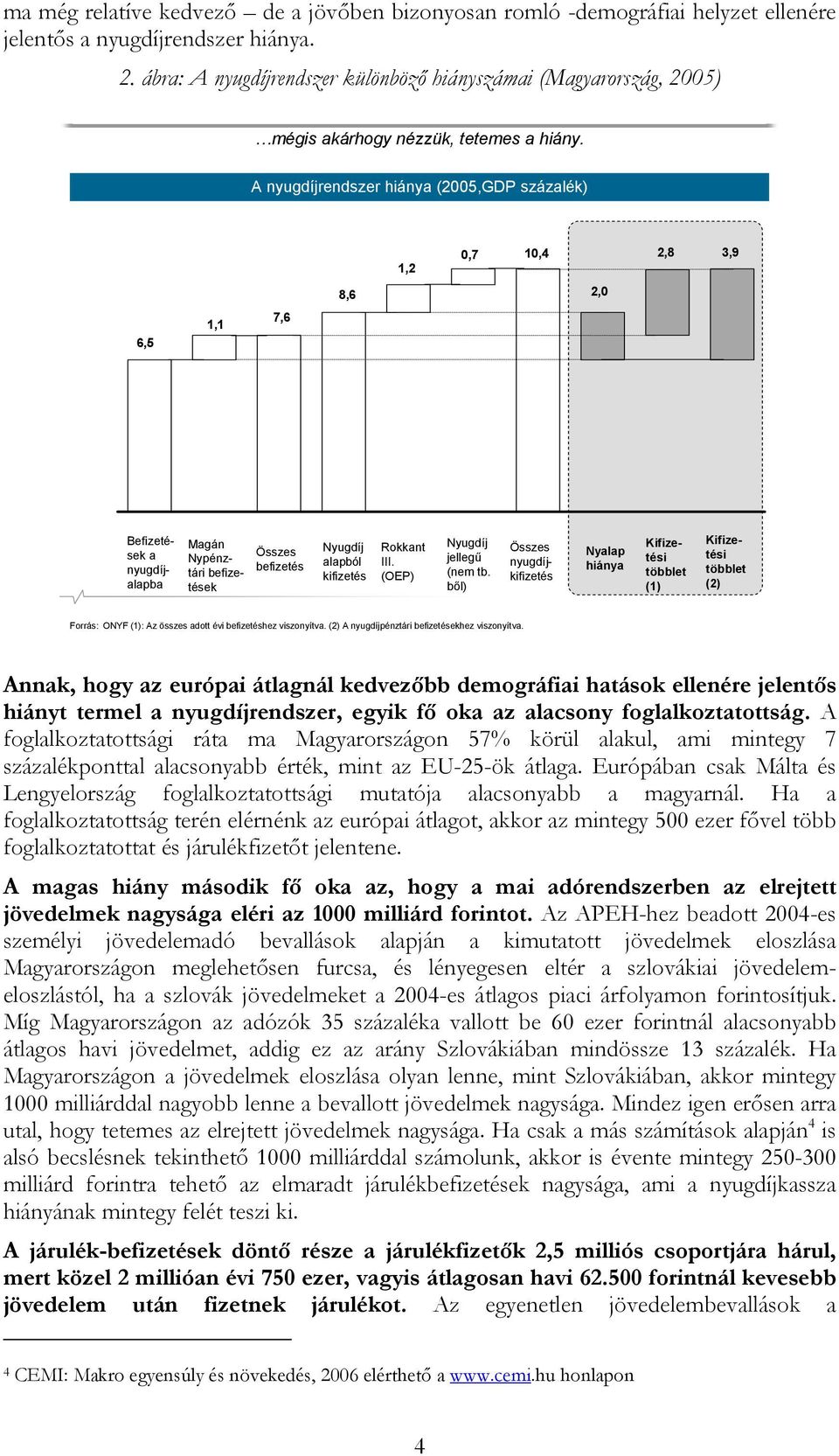 A nyugdíjrendszer hiánya (2005,GDP százalék) 1,2 0,7 10,4 2,8 3,9 8,6 2,0 6,5 1,1 7,6 Befizetések a nyugdíjalapba Összes befizetés Nyugdíj alapból kifizetés Rokkant III. (OEP) Nyugdíj jellegű (nem tb.