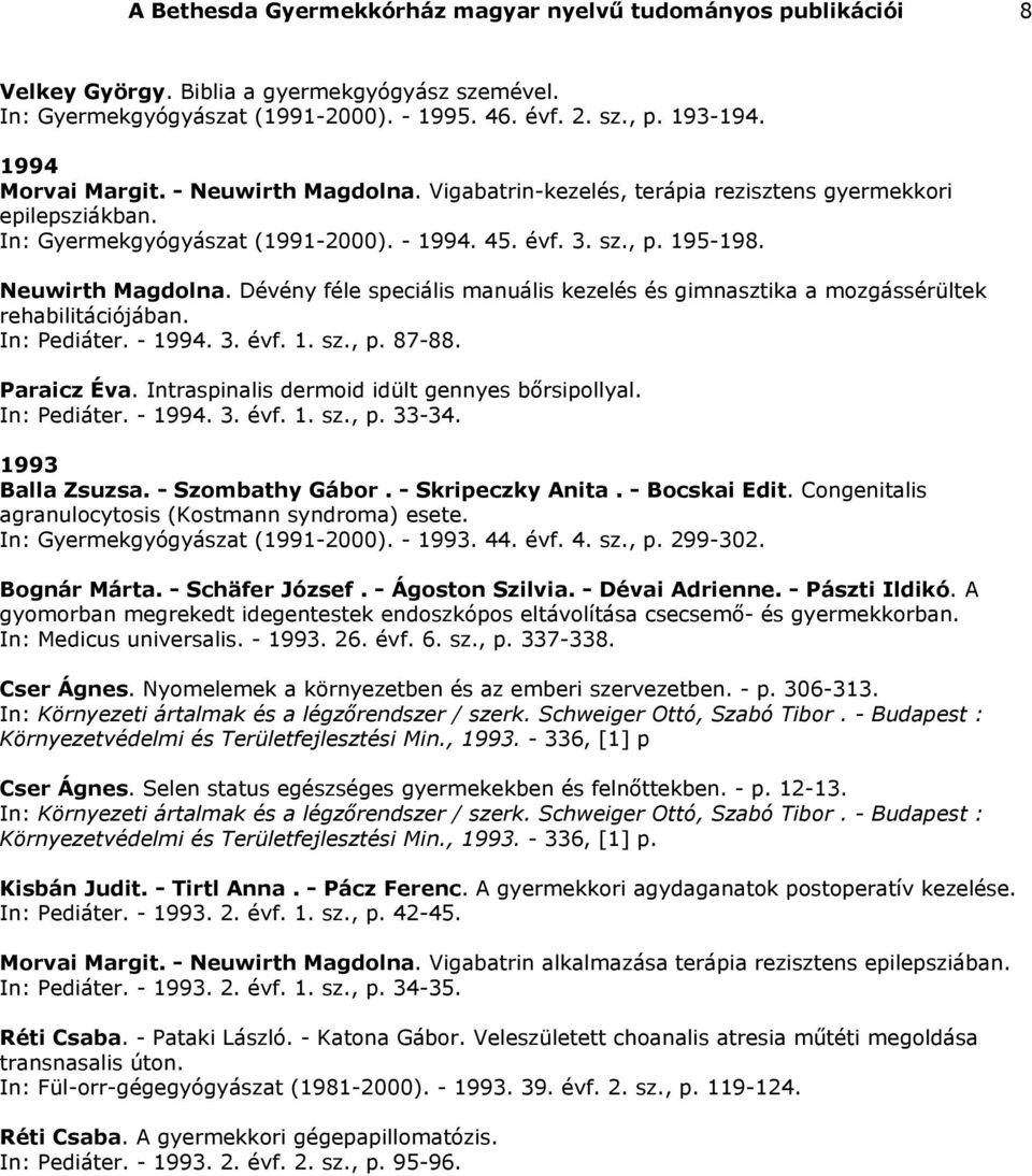 In: Pediáter. - 1994. 3. évf. 1. sz., p. 87-88. Paraicz Éva. Intraspinalis dermoid idült gennyes bőrsipollyal. In: Pediáter. - 1994. 3. évf. 1. sz., p. 33-34. 1993 Balla Zsuzsa. - Szombathy Gábor.