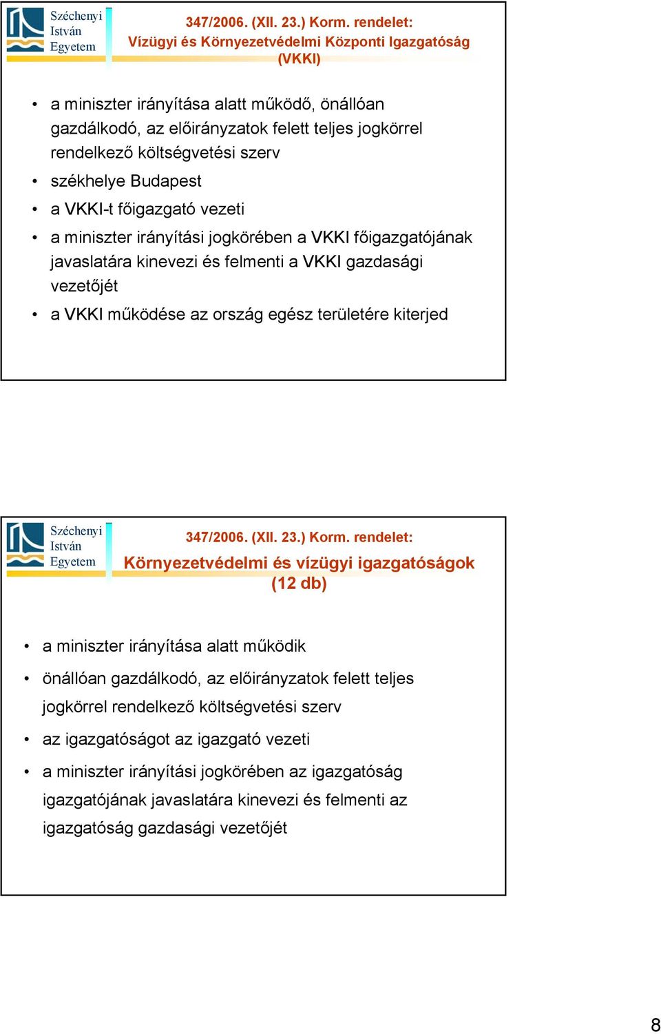 ország egész területére kiterjed Környezetvédelmi és vízügyi igazgatóságok (12 db) a miniszter irányítása alatt működik önállóan gazdálkodó, az előirányzatok felett teljes jogkörrel