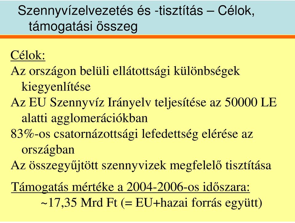 agglomerációkban 83%-os csatornázottsági lefedettség elérése az országban Az összegyjtött