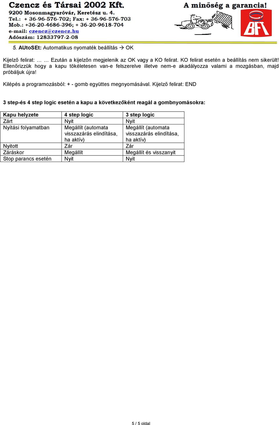 Kijelzı felirat: END 3 step-és 4 step logic esetén a kapu a következıként reagál a gombnyomásokra: Kapu helyzete 4 step logic 3 step logic Zárt Nyit Nyit Nyítási folyamatban