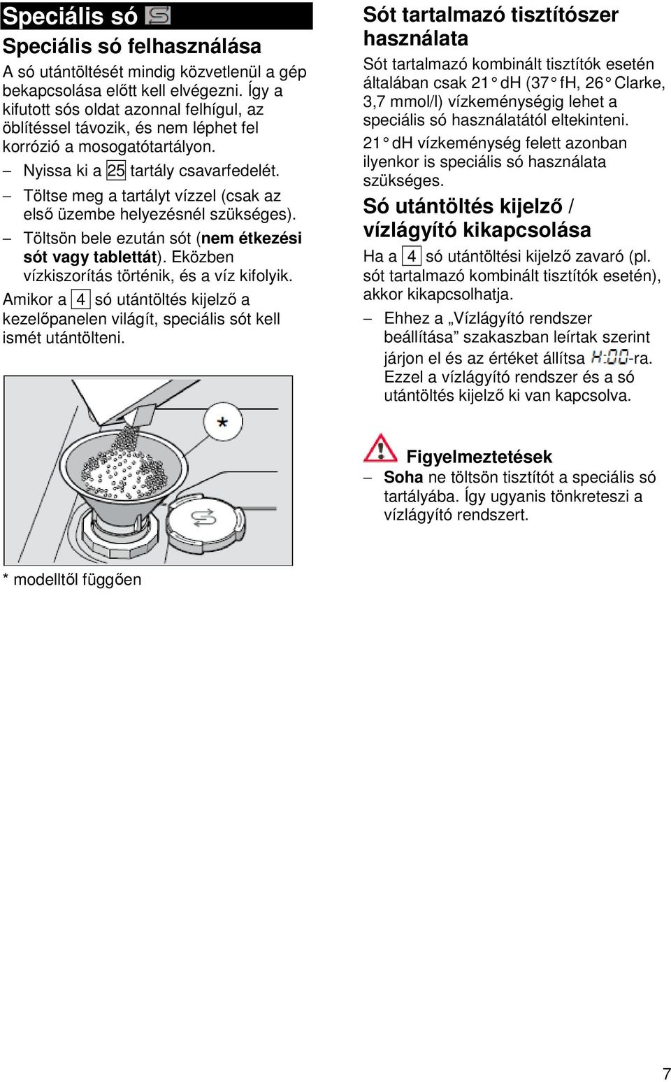 Töltse meg a tartályt vízzel (csak az első üzembe helyezésnél szükséges). Töltsön bele ezután sót (nem étkezési sót vagy tablettát). Eközben vízkiszorítás történik, és a víz kifolyik.