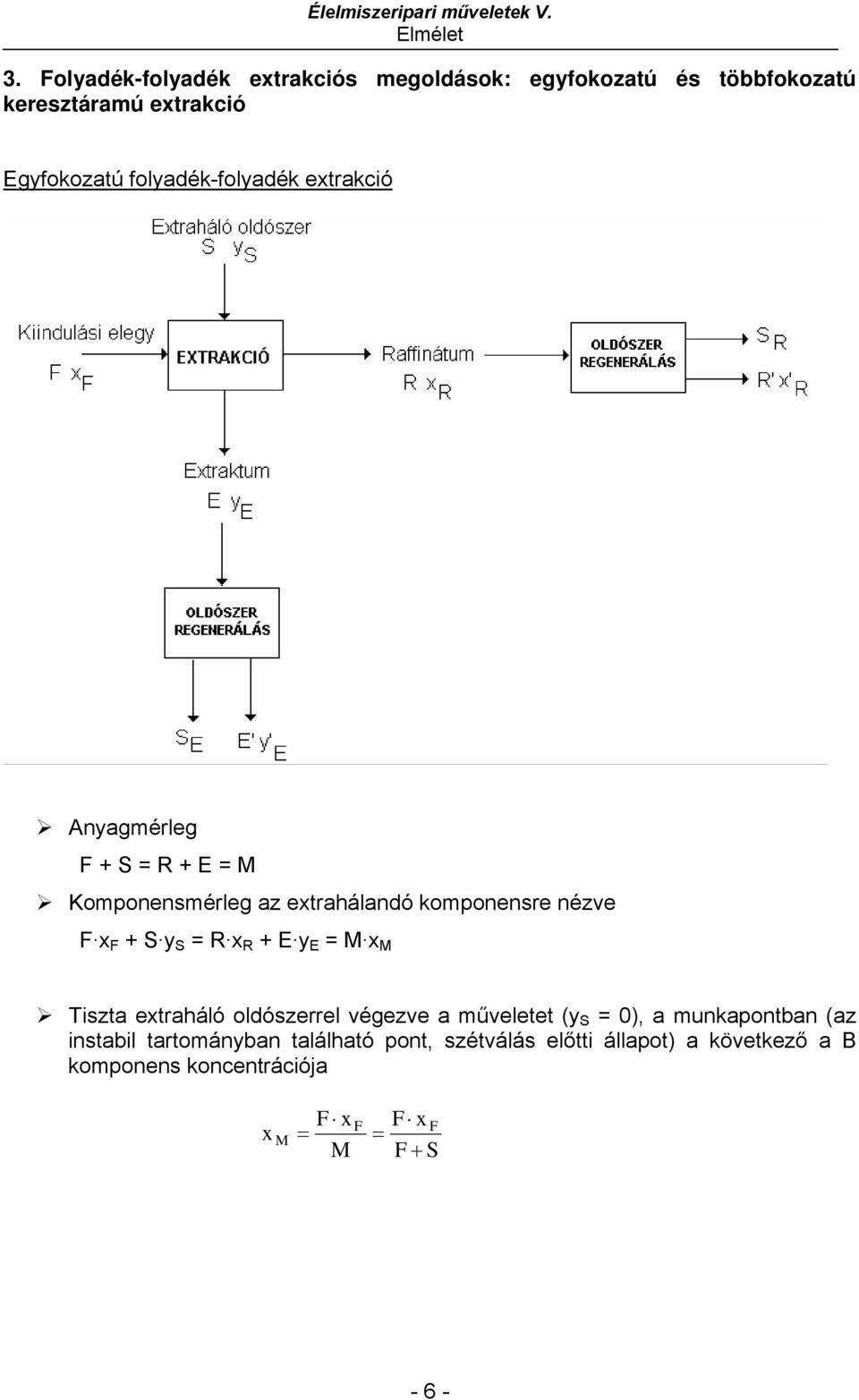 y S R x R + E y E M x M Tiszta extraháló oldószerrel végezve a műveletet (y S 0), a munkapontban (az instabil