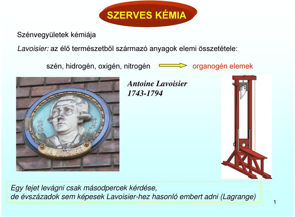 organogén elemek Antoine Lavoisier 1743-1794 Egy fejet levágni csak