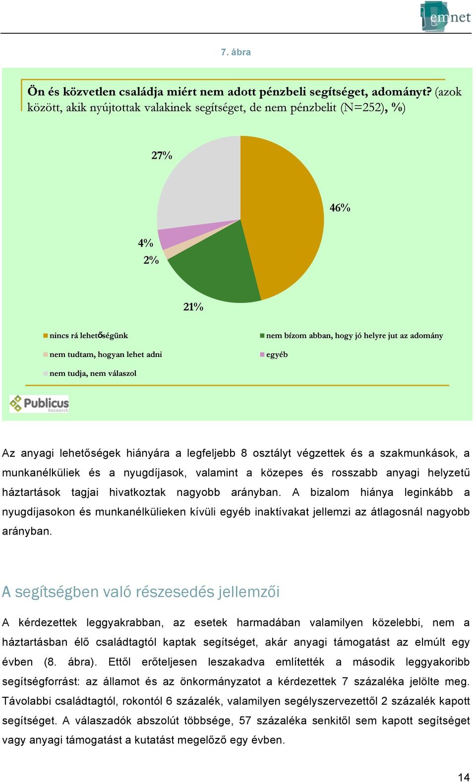 A segítségben való részesedés jellemzői A kérdezettek leggyakrabban, az esetek harmadában valamilyen közelebbi, nem a háztartásban élő családtagtól kaptak segítséget, akár anyagi támogatást az elmúlt