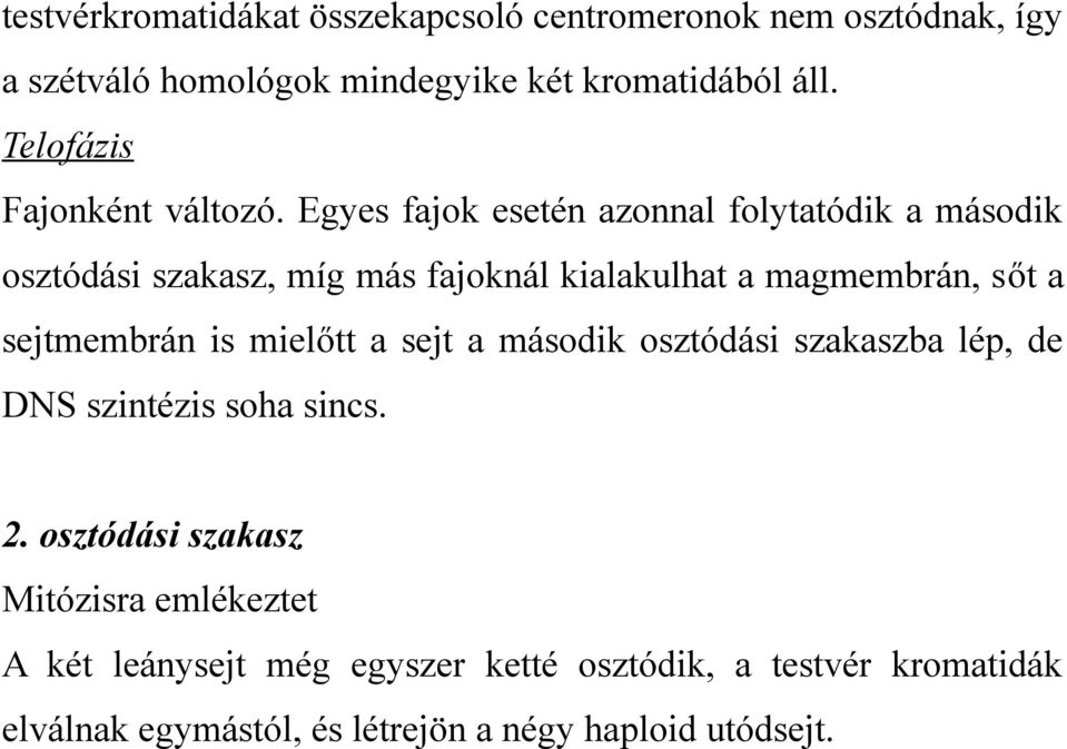 Egyes fajok esetén azonnal folytatódik a második osztódási szakasz, míg más fajoknál kialakulhat a magmembrán, sőt a sejtmembrán