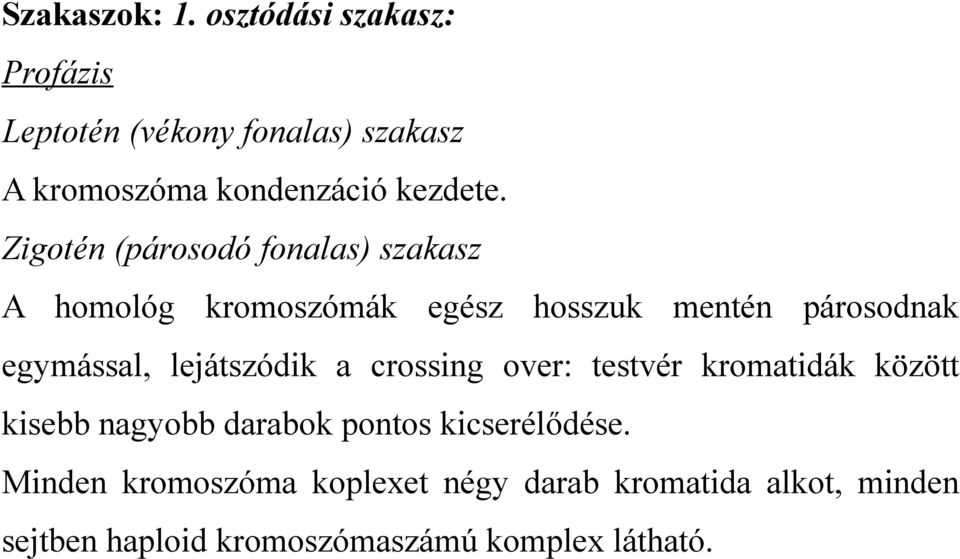 Zigotén (párosodó fonalas) szakasz A homológ kromoszómák egész hosszuk mentén párosodnak egymással,