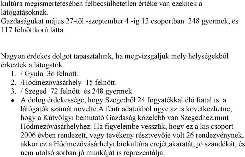 felnőtt. 2. /Hódmezővásárhely 15 felnőtt. 3. / Szeged 72 felnőtt és 248 gyermek A dolog érdekessége, hogy Szegedről 24 fogyatékkal élő fiatal is a látógatók számát növelte.