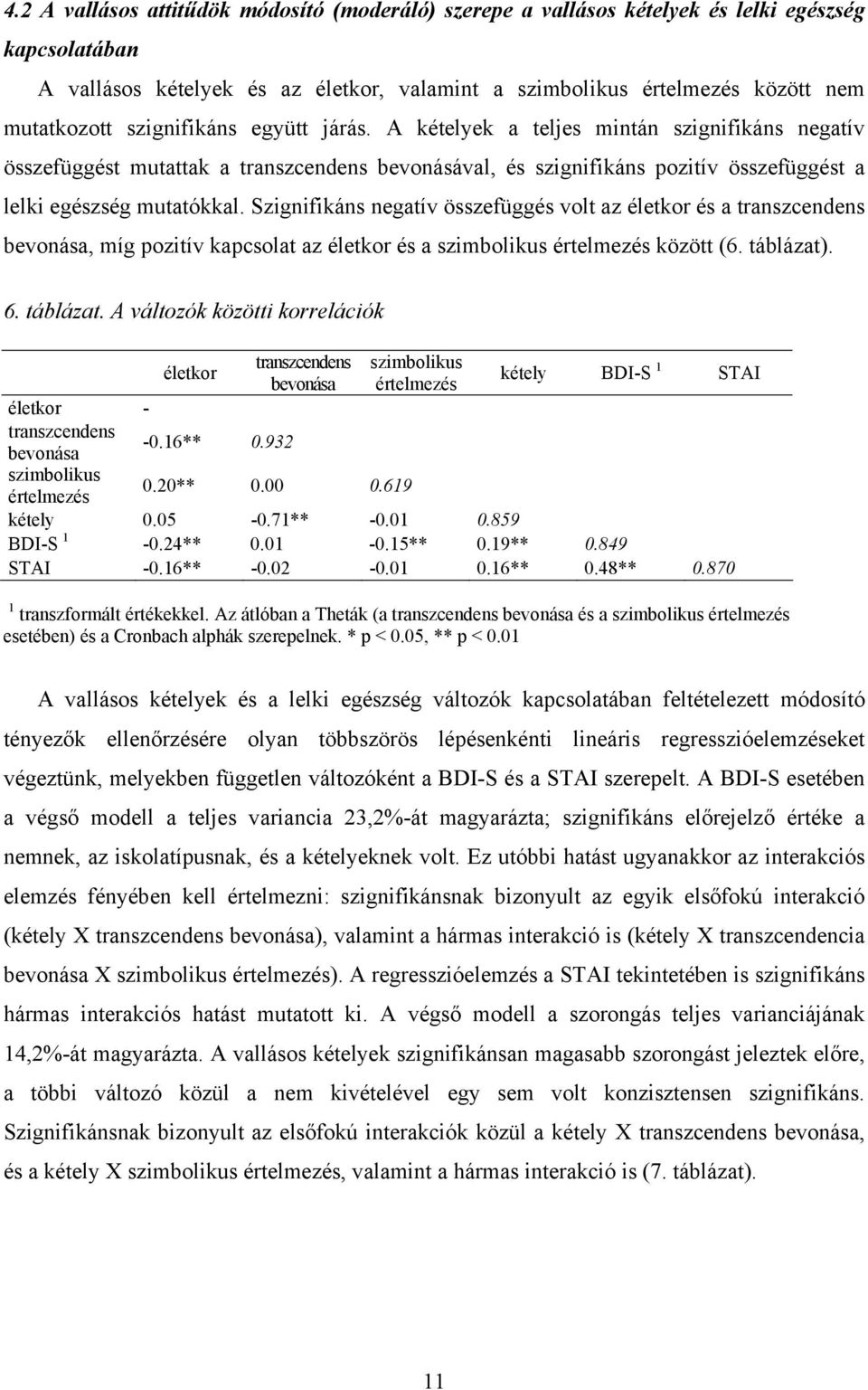 Szignifikáns negatív összefüggés volt az életkor és a transzcendens bevonása, míg pozitív kapcsolat az életkor és a szimbolikus értelmezés között (6. táblázat)