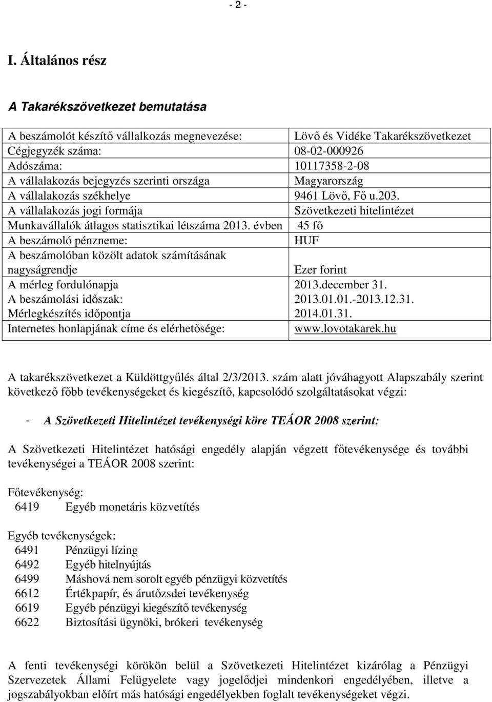 bejegyzés szerinti országa Magyarország A vállalakozás székhelye 9461 Lövő, Fő u.203. A vállalakozás jogi formája Szövetkezeti hitelintézet Munkavállalók átlagos statisztikai létszáma 2013.