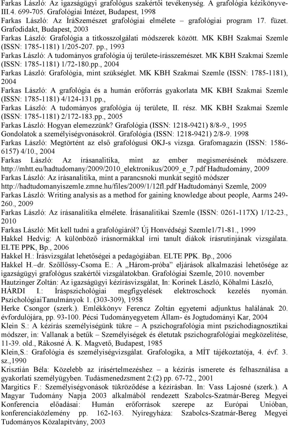 Grafodidakt, Budapest, 2003 Farkas László: Grafológia a titkosszolgálati módszerek között. MK KBH Szakmai Szemle (ISSN: 1785-1181) 1/205-207. pp.