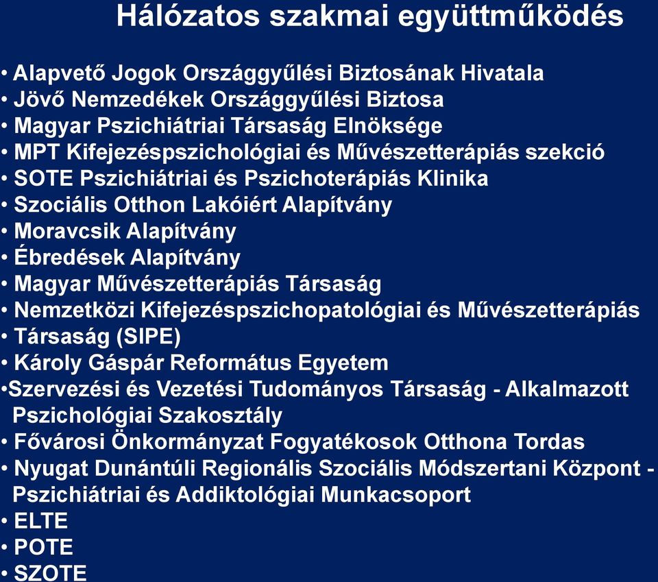 Művészetterápiás Társaság Nemzetközi Kifejezéspszichopatológiai és Művészetterápiás Társaság (SIPE) Károly Gáspár Református Egyetem Szervezési és Vezetési Tudományos Társaság -