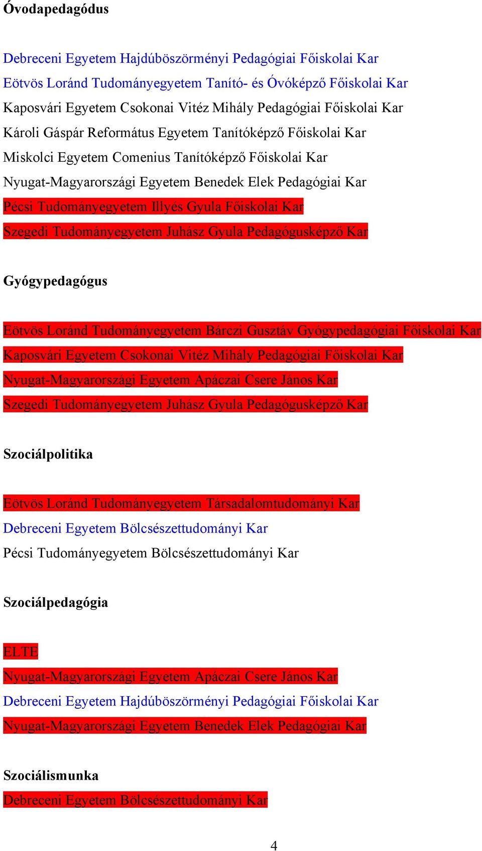 Illyés Gyula Főiskolai Kar Szegedi Tudományegyetem Juhász Gyula Pedagógusképző Kar Gyógypedagógus Eötvös Loránd Tudományegyetem Bárczi Gusztáv Gyógypedagógiai Főiskolai Kar Kaposvári Egyetem Csokonai