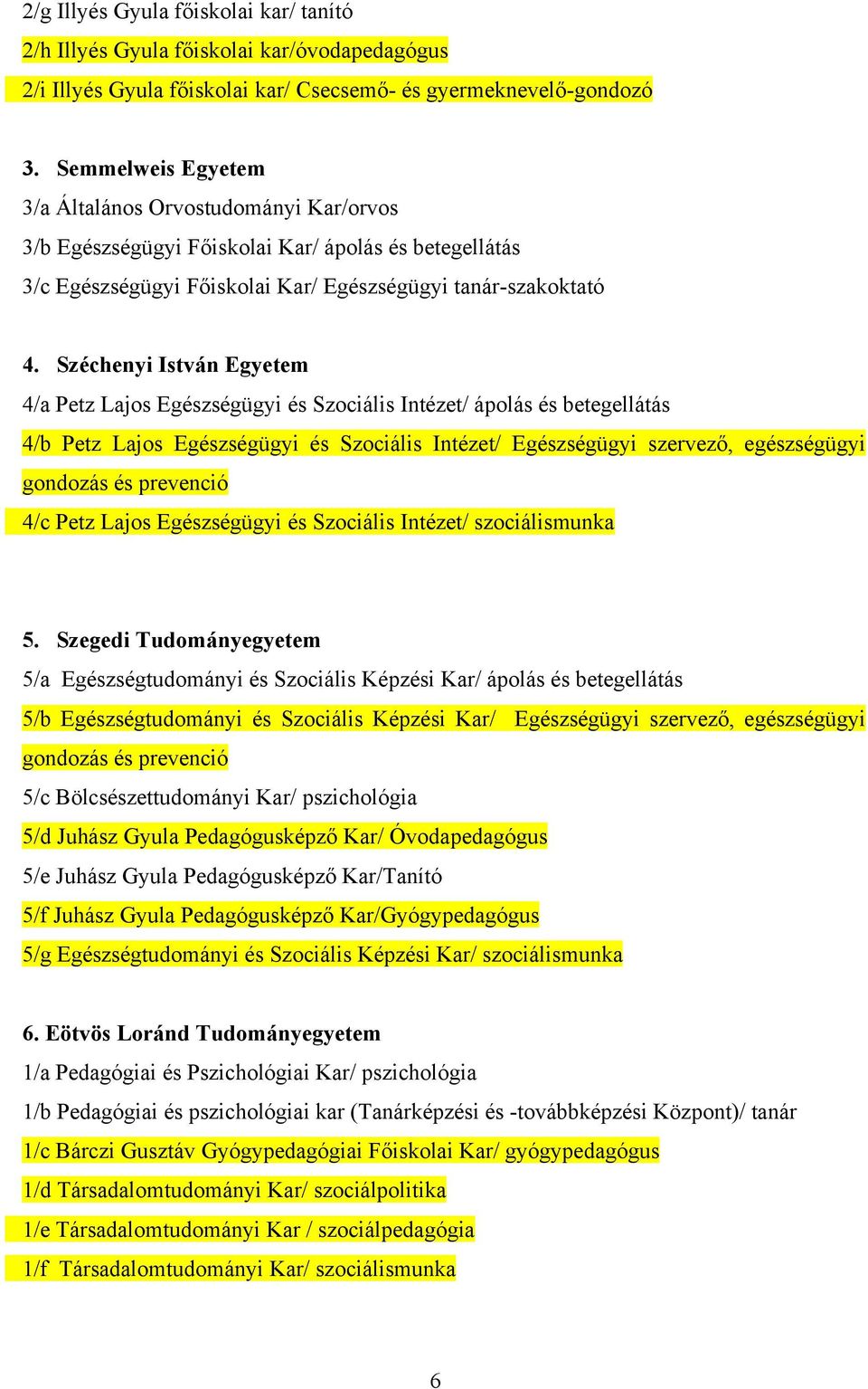 Széchenyi István Egyetem 4/a Petz Lajos Egészségügyi és Szociális Intézet/ ápolás és betegellátás 4/b Petz Lajos Egészségügyi és Szociális Intézet/ Egészségügyi szervező, egészségügyi gondozás és