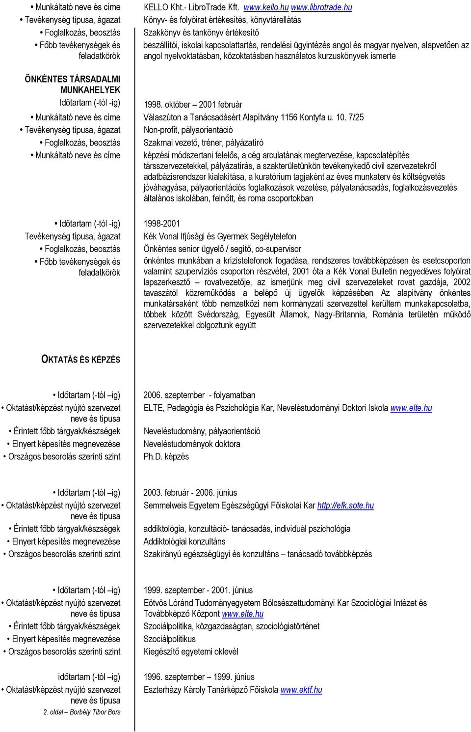 nyelvoktatásban, közoktatásban használatos kurzuskönyvek ismerte ÖNKÉNTES TÁRSADALMI MUNKAHELYEK Időtartam (-tól -ig) 1998.