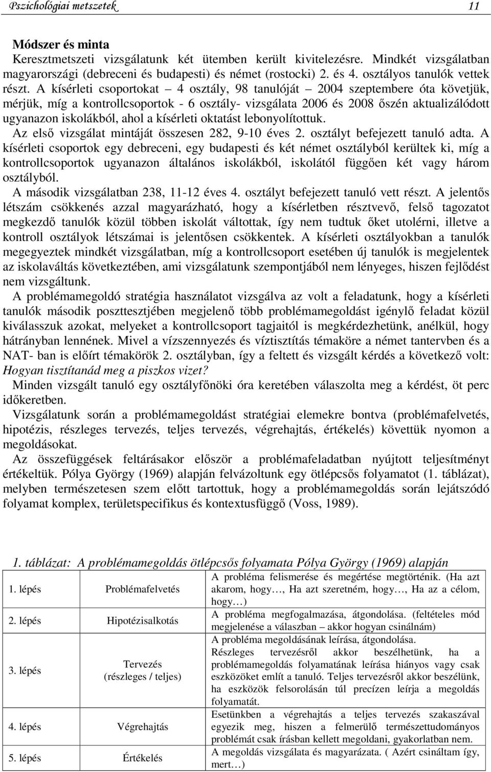 A kísérleti csoportokat 4 osztály, 98 tanulóját 2004 szeptembere óta követjük, mérjük, míg a kontrollcsoportok - 6 osztály- vizsgálata 2006 és 2008 őszén aktualizálódott ugyanazon iskolákból, ahol a