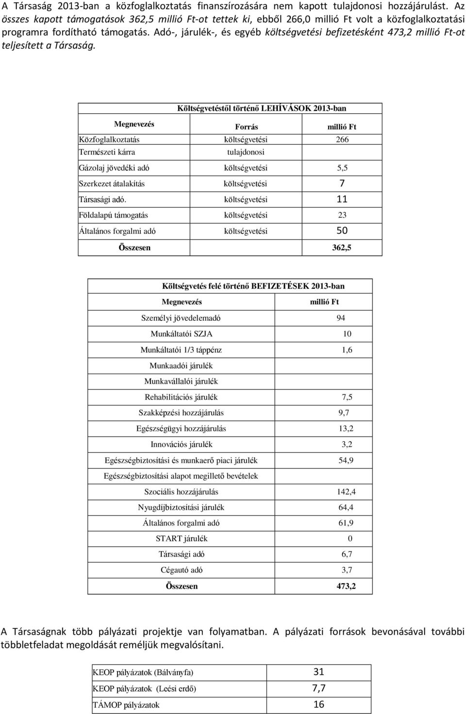 Adó-, járulék-, és egyéb költségvetési befizetésként 473,2 millió Ft-ot teljesített a Társaság.