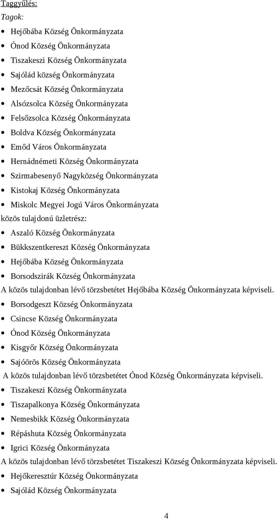 Megyei Jogú Város Önkormányzata közös tulajdonú üzletrész: Aszaló Község Önkormányzata Bükkszentkereszt Község Önkormányzata Hejőbába Község Önkormányzata Borsodszirák Község Önkormányzata A közös