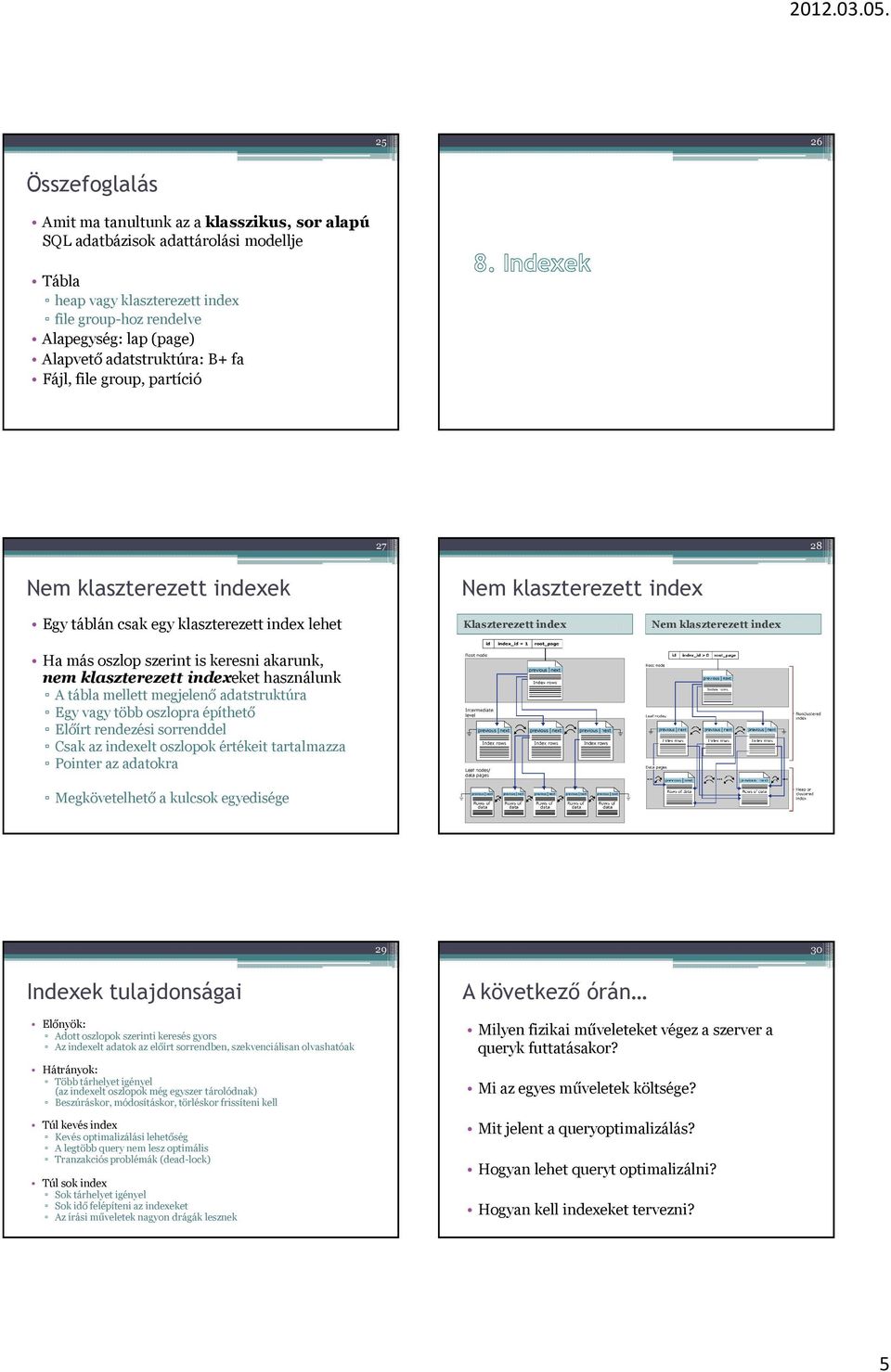 klaszterezett indexeket használunk A tábla mellett megjelenő adatstruktúra Egy vagy több oszlopra építhető Előírt rendezési sorrenddel Csak az indexelt oszlopok értékeit tartalmazza Pointer az