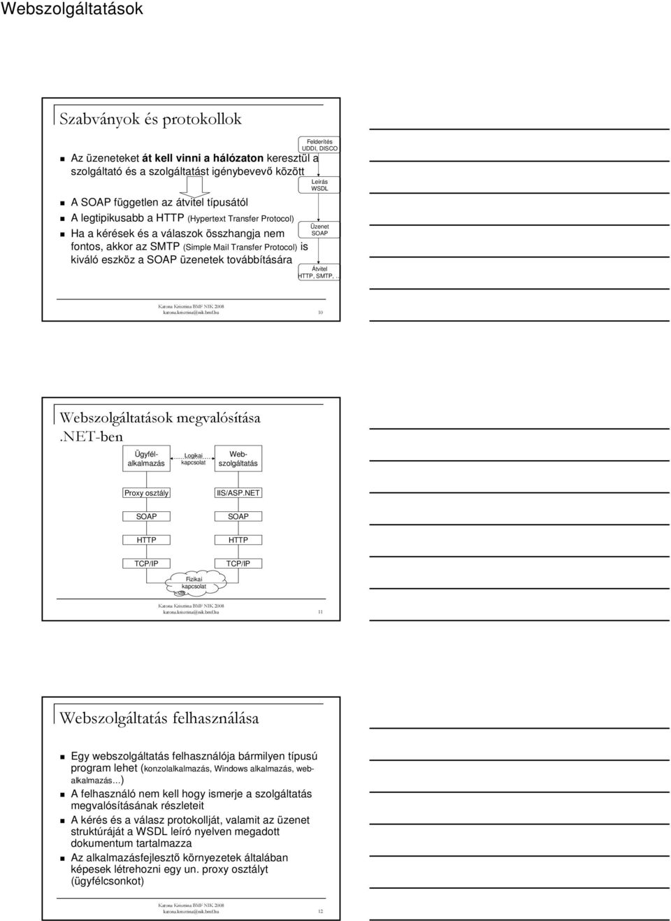 Üzenet SOAP Átvitel HTTP, SMTP, katona.krisztina@nik.bmf.hu 10 Webszolgáltatások megvalósítása.net-ben Logikai kapcsolat Ügyfélalkalmazás Webszolgáltatás Proxy osztály IIS/ASP.