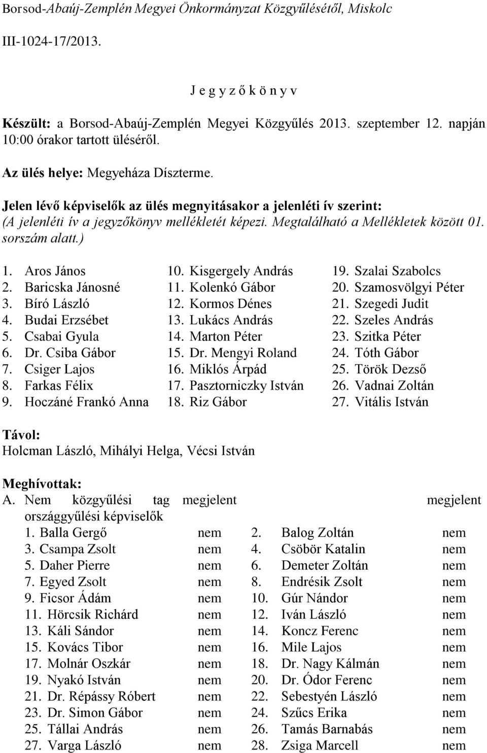 Megtalálható a Mellékletek között 01. sorszám alatt.) 1. Aros János 2. Baricska Jánosné 3. Bíró László 4. Budai Erzsébet 5. Csabai Gyula 6. Dr. Csiba Gábor 7. Csiger Lajos 8. Farkas Félix 9.