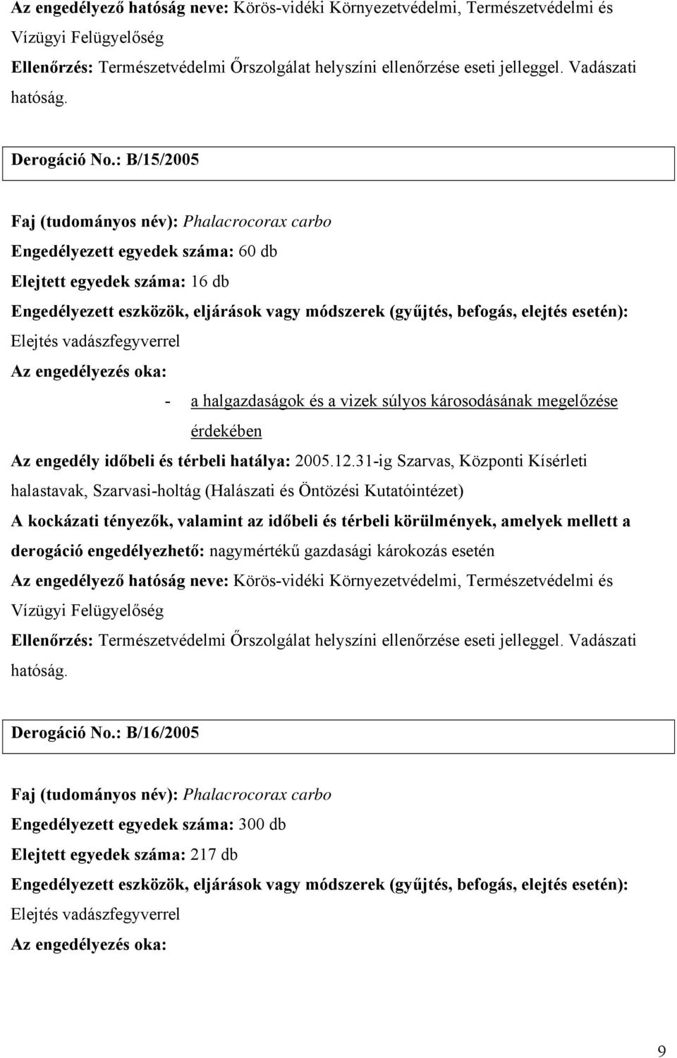 31-ig Szarvas, Központi Kísérleti halastavak, Szarvasi-holtág (Halászati és Öntözési Kutatóintézet) derogáció engedélyezhető: nagymértékű gazdasági károkozás