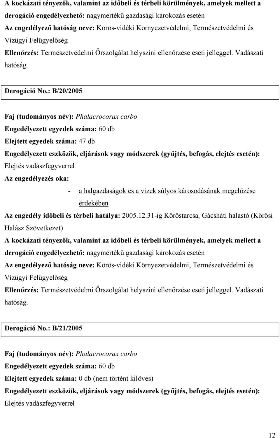 31-ig Köröstarcsa, Gácsháti halastó (Körösi Halász Szövetkezet)  Derogáció No.