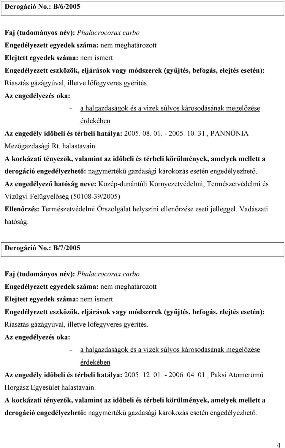 Az engedélyező hatóság neve: Közép-dunántúli Környezetvédelmi, Természetvédelmi és Vízügyi Felügyelőség (50108-39/2005) Derogáció No.