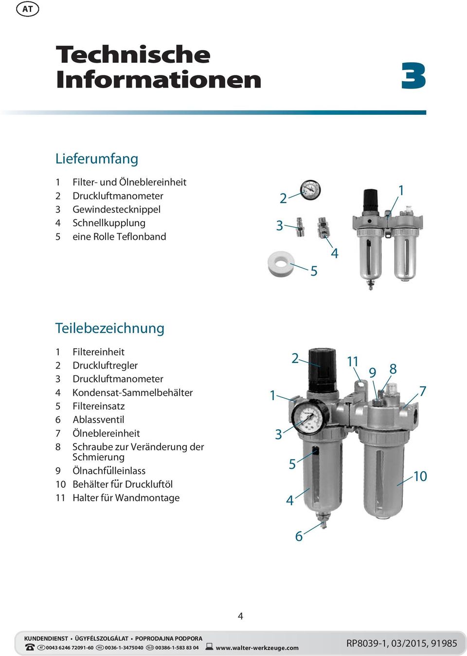 Druckluftregler 3 Druckluftmanometer 4 Kondensat-Sammelbehälter 5 Filtereinsatz 6 Ablassventil 7 Ölneblereinheit