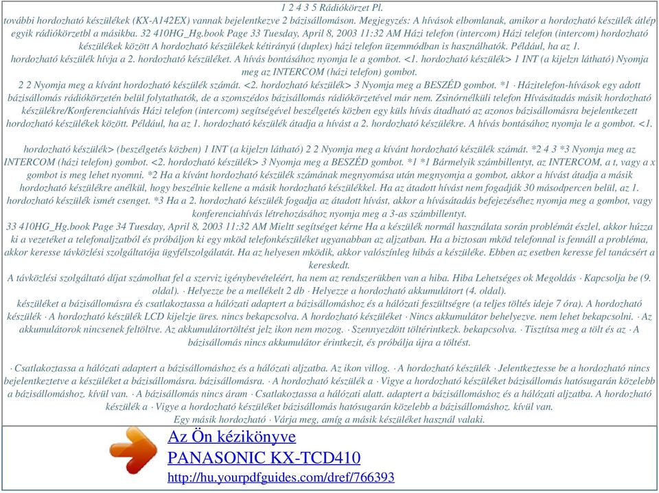 book Page 33 Tuesday, April 8, 2003 11:32 AM Házi telefon (intercom) Házi telefon (intercom) hordozható készülékek között A hordozható készülékek kétirányú (duplex) házi telefon üzemmódban is