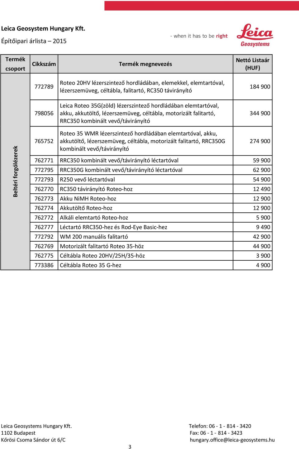 elemtartóval, akku, akkutöltő, lézerszemüveg, céltábla, motorizált falitartó, RRC350G kombinált vevő/távirányító 274 900 762771 RRC350 kombinált vevő/távirányító léctartóval 59 900 772795 RRC350G