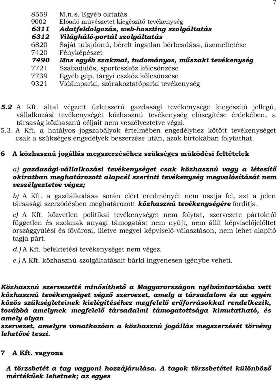 üzemeltetése 7420 Fényképészet 7490 Mns egyéb szakmai, tudományos, műszaki tevékenység 7721 Szabadidős, sporteszköz kölcsönzése 7739 Egyéb gép, tárgyi eszköz kölcsönzése 9321 Vidámparki,