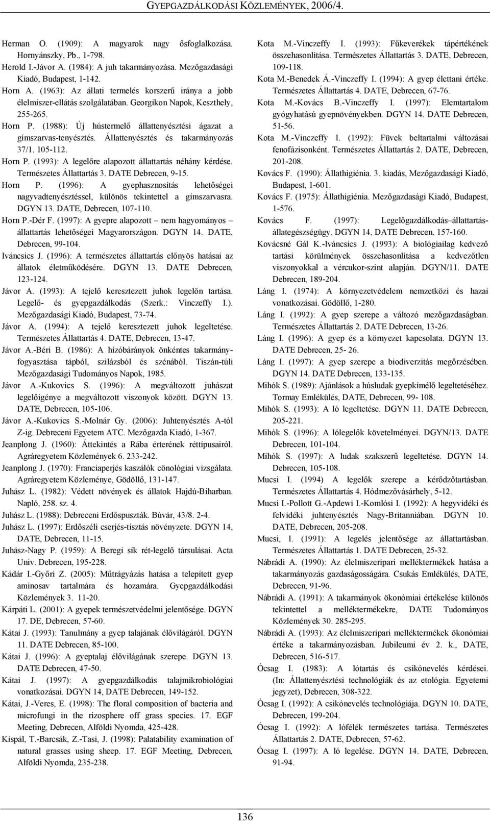 Állattenyésztés és takarmányozás 37/1. 105-112. Horn P. (1993): A legelőre alapozott állattartás néhány kérdése. Természetes Állattartás 3. DATE Debrecen, 9-15. Horn P. (1996): A gyephasznosítás lehetőségei nagyvadtenyésztéssel, különös tekintettel a gímszarvasra.