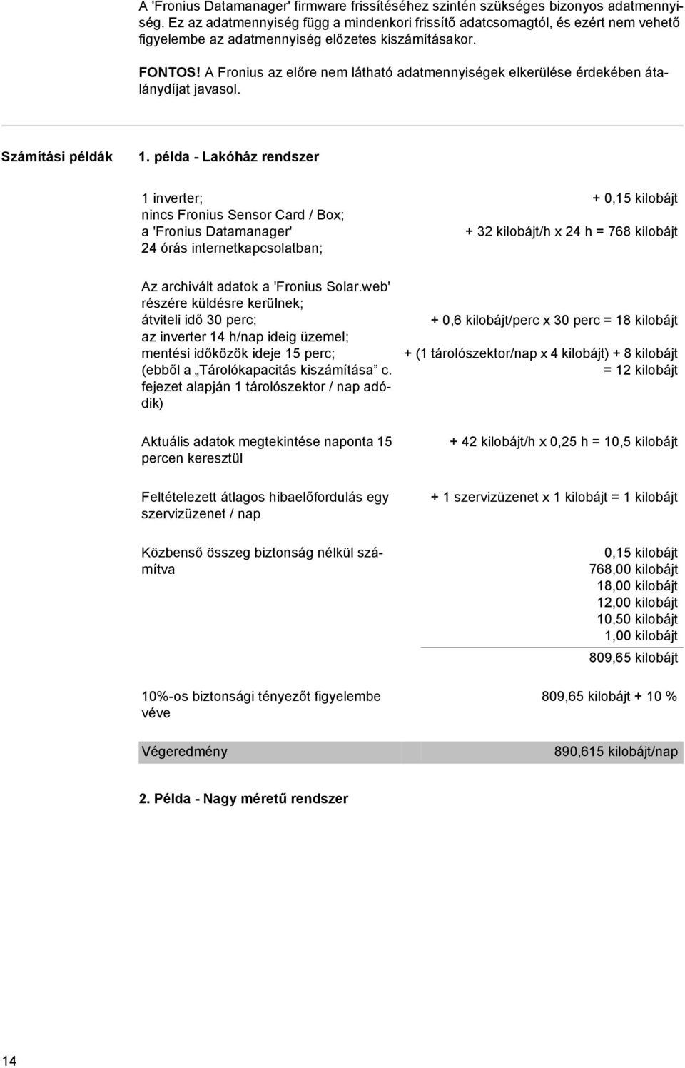 A Fronius az előre nem látható adatmennyiségek elkerülése érdekében átalánydíjat javasol. Számítási példák 1.