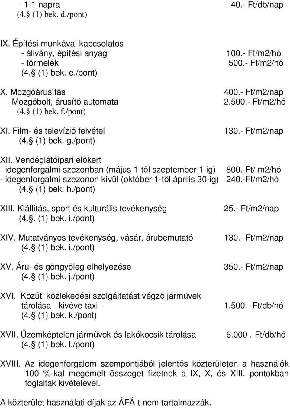 Vendéglátóipari előkert - idegenforgalmi szezonban (május 1-től szeptember 1-ig) 800.-Ft/ m2/hó - idegenforgalmi szezonon kívül (október 1-től április 30-ig) 240.-Ft/m2/hó (4. (1) bek. h./pont) XIII.