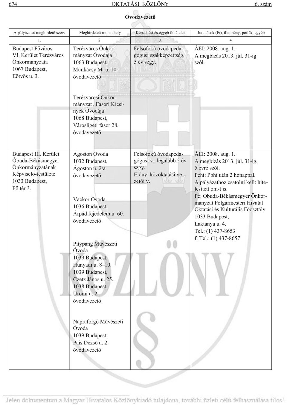 A megbízás 2013. júl. 31-ig szól. Terézvárosi Önkormányzat Fasori Kicsinyek Óvodája 1068 Budapest, Városligeti fasor 28. óvodavezetõ Budapest III.