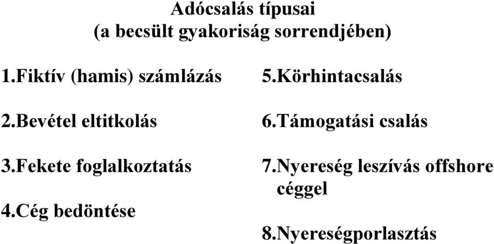 Fekete foglalkoztatás 4.Cég bedöntése 5.Körhintacsalás 6.